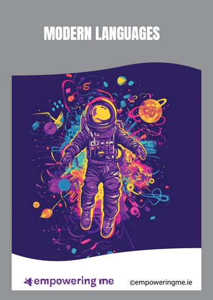 Book cover with an astronaut illustration on a purple background, featuring the title 'Modern Languages' and the brand 'empowering me'.